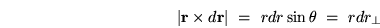 \begin{displaymath}
\vert{\bf r}\times d{\bf r}\vert ~=~ r dr \sin\theta ~=~ r dr_{\perp}
\end{displaymath}